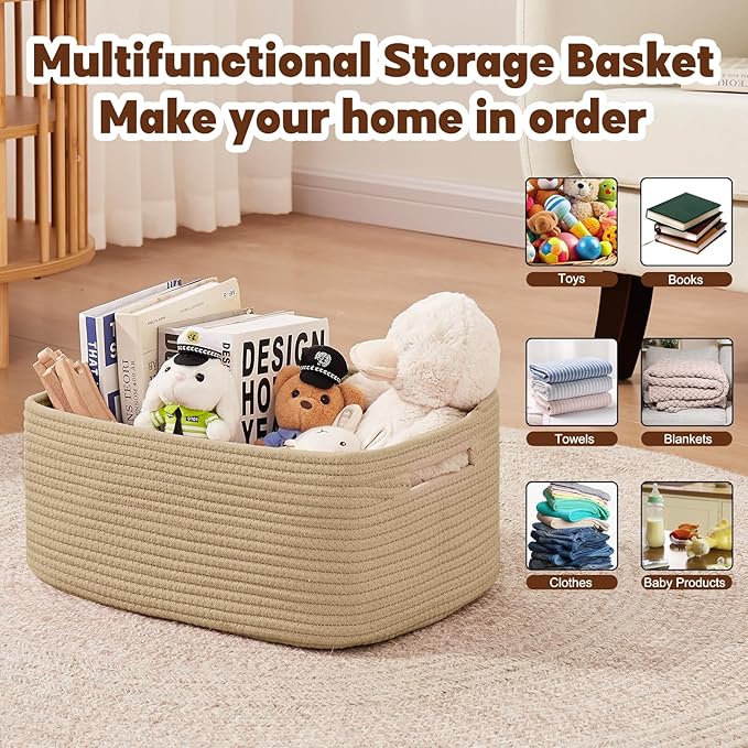 OIAHOMY Storage Basket for Shelves, Closet Cube Storage Bins Baskets for Clothes Blanket Towels, Baby Nursery, Toy Baskets Box, Woven Rope Basket, 15.75 * 11.81 * 7.09 ININ, 2 Packs Jute Yellow
