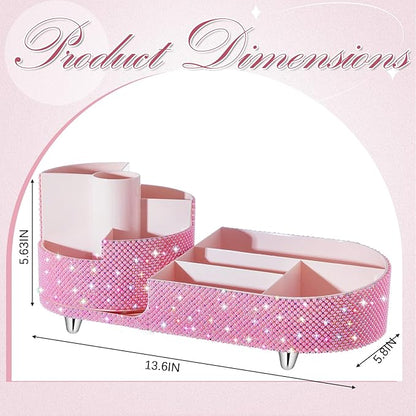 Teen Girls Mother's Day 360 Rotating Bling Makeup Organizer Gift Rhinestone Diamond Bathroom Organizer Girly Skin Care Brush Holder for Countertop, Bathroom Essentials(Pink,Pearl)
