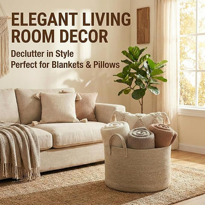 JMvicyroam 65L Extra Large Blanket Basket for Living Room - Woven Cotton Rope Laundry Hamper with Reinforced Handles - Storage Bin for Pillows, Comforters & Toys - Machine Washable,Oatmeal