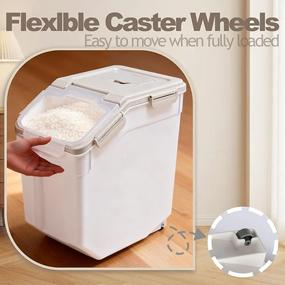RUIAN 2Pcs Large Flour Storage Container Bin 50Lb Airtight Rice Storage Containers with Wheels Seal Locking Lid, BPA Free with Measuring Cup&Scoop for Flour, Rice, Grain 100LBS Total (Grey)