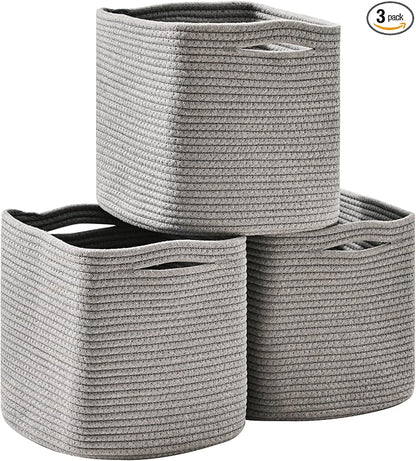 ICERZCZ 11 Inch Cube Storage Bins, Storage Cube Organizer Bins, Woven Cotton Rope Basket for Storage, Storage Baskets for Organizing Shelves, Grey Baskets for Toys Nursery, Grey (Pack of 3)