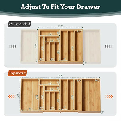 Silverware Organizer Large, Magnetic Connected Expandable 11 Slots Silverware Drawer Organizer From 21 to 37.4 Inches, Adjustable Flatware and Cutlery Holder, Bamboo Utensil Tray for Kitchen Natural