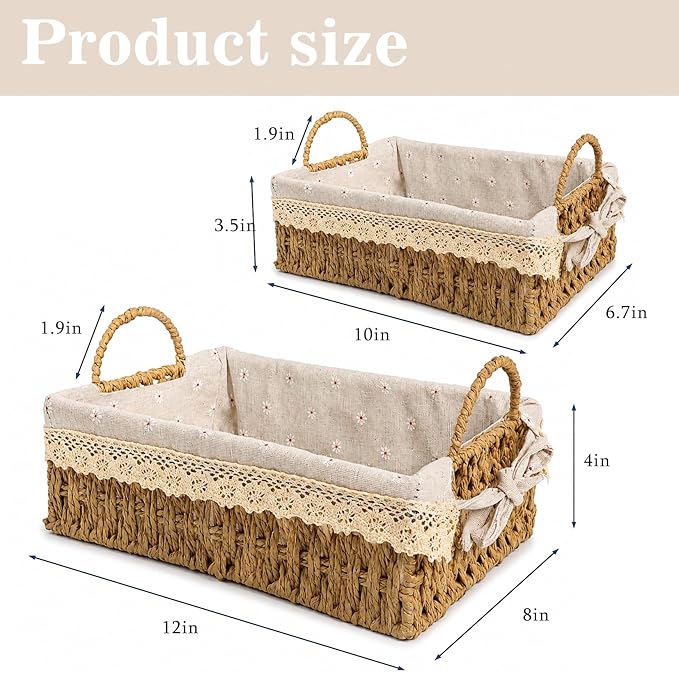 Wicker Storage Baskets with Handle and Liner, Set of 2 Small Paper Rope Woven Shelf Baskets for Organizing, Rectangular Boho Decorative Baskets for Gifts, Pantry, Table, Living Room, Kitchen