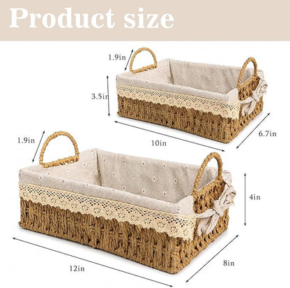 Wicker Storage Baskets with Handle and Liner, Set of 2 Small Paper Rope Woven Shelf Baskets for Organizing, Rectangular Boho Decorative Baskets for Gifts, Pantry, Table, Living Room, Kitchen