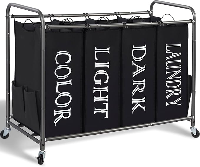 STORAGE MANIAC Laundry Sorter 4 Section, 47.8 Gal (181 L) Laundry Hamper with Wheels, Clothes Divider Basket Sorter, Clothes Separator Hamper Cart with Wheels and Removable Bags, Label Black