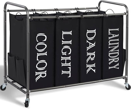 STORAGE MANIAC Laundry Sorter 4 Section, 47.8 Gal (181 L) Laundry Hamper with Wheels, Clothes Divider Basket Sorter, Clothes Separator Hamper Cart with Wheels and Removable Bags, Label Black