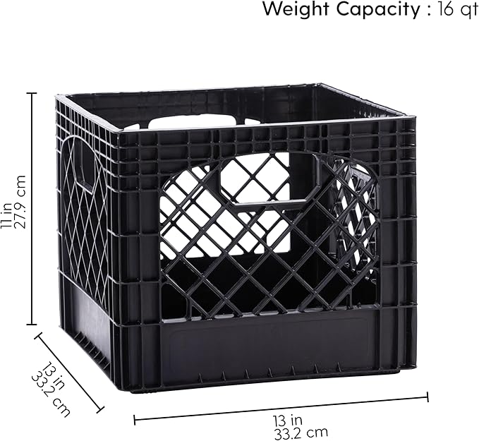 Plastic Milk Crate Storage Tote with Handles, 16-Quart Stackable Cube Organizer for Garage, Home, and Office, Made in the USA, 13" x 13" x 11" (2-Pack) - Black