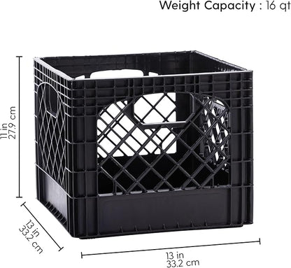 Plastic Milk Crate Storage Tote with Handles, 16-Quart Stackable Cube Organizer for Garage, Home, and Office, Made in the USA, 13" x 13" x 11" (2-Pack) - Black