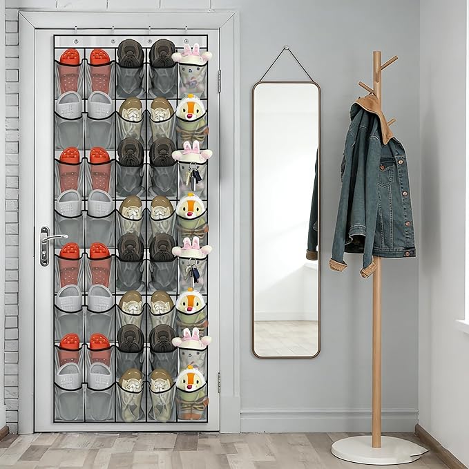Over the Door Shoe Organizer, 40 Large Mesh Pockets Hanging Shoe Rack for Door, Space Saving Shoe Storage Organizer for Closet, Bedroom, Entryway, Gray