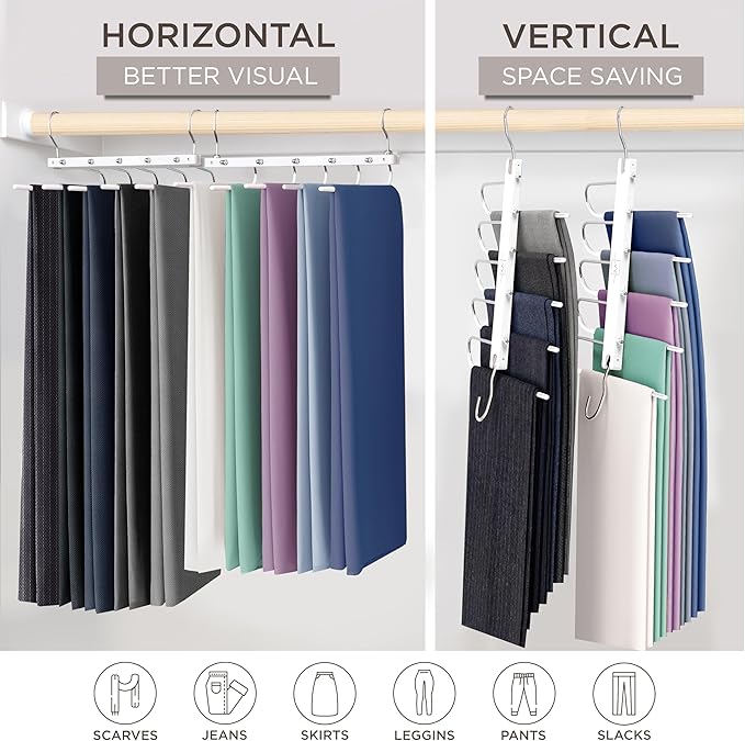 MORALVE Pants Hangers Space Saving - 4 Pack European Beechwood Scarf and Jean Hangers - Closet Organizer and Space Saver Pant Rack, Leggings Hanger, and Scarf Holder with 360° Swivel Hook