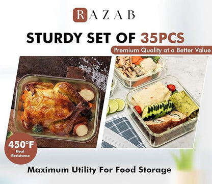 Razab 35 Pc Set Glass Food Storage Containers with Lids - Meal Prep Airtight Bento Boxes BPA-Free 100% Leak Proof (15 lids,15 glass & 5 Plastic Sauce/Dip Containers)