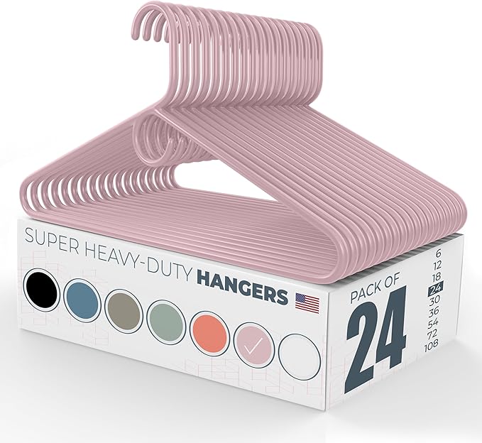 Super Heavy Duty Clothes Hangers 20 Pack (24 Count) – Made in the USA - 10lb Capacity, Thick Plastic Hangers for Pants, Coats, Jackets, Jeans and Adult Clothing – Pink