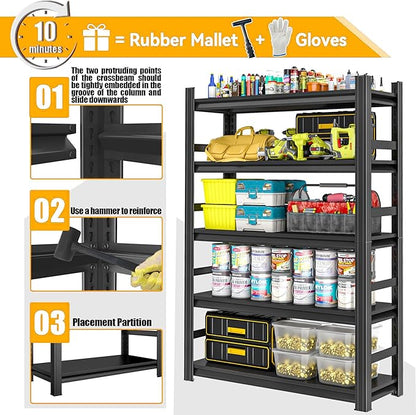 Heavy Duty Metal Garage Shelving Unit, 5 - Tier Adjustable Storage Shelves, 3000LBS Load Capacity Utility Shelf, Ideal for Garage, Basement, Warehouse, Pantry, Tool Organization, 35.5"W, Black