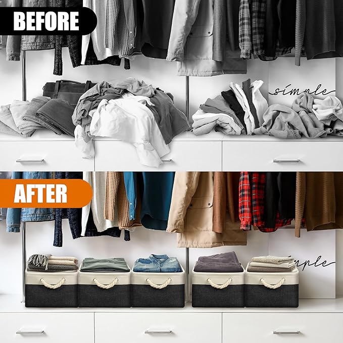 Simple Houseware 15.7" x 12" Wide & Low Fabric Storage Bin for Shallow Gaps and Closet, Braided Handles, 3 Pack, Black