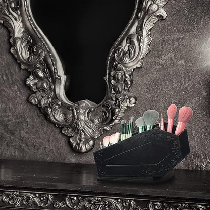 Maitys Coffin Makeup Brush Holder Gothic Wooden Organizer Spooky Coffin Case Gifts for Women Cosmetic Display Cases Spooky Home Office Pencil Brushes Organizer Bathroom Christmas Decor Accessories