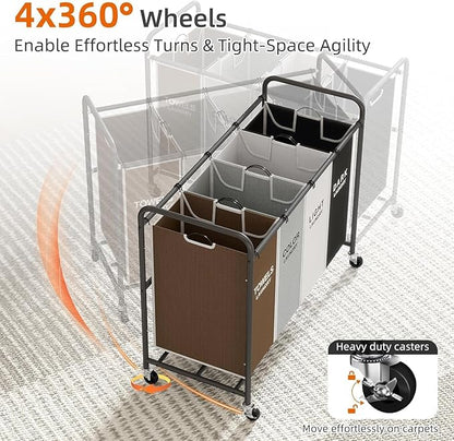 ROMOON Laundry Hamper Sorter Cart: 4-Section Organizer with Heavy-Duty Lockable Wheels and Removable Bags | 180L Rolling Laundry Basket for Dirty Clothes in Laundry Room or Small Spaces (Multicolor)
