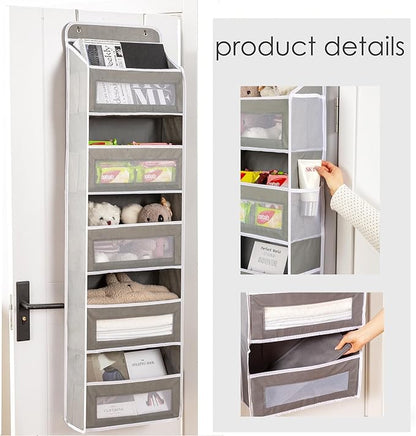 Over The Door Storage Organizer - 5 Shelf Hanging Organizer with 10 Side Pockets, 48 lbs Load Capacity (Anti-Tilt, Clear Windows & Hooks) for Bathroom, Bedroom, Kitchen,Nursery (Grey, 1 Pack)
