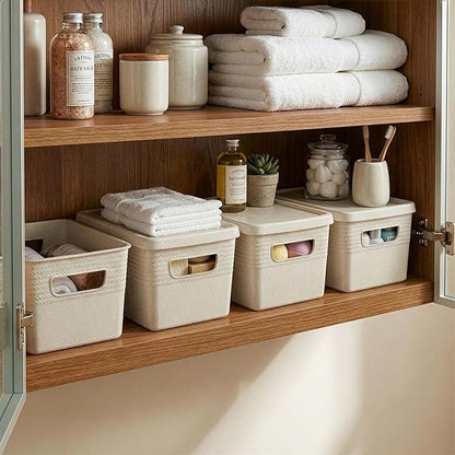 BINO | Plastic Storage Bins with Lids, 5 Liter - 3 Pack, Natural | THE BRAIDED COLLECTION | Plastic Bins for Organization Woven Storage Baskets for Organizing Pantry Shelf Organizer Basket Bin