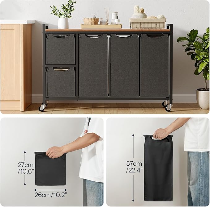 HOOBRO Laundry Sorter with 5 Sections, 45.5 Gal. (170 L) Laundry Hamper with Wheels and Shelf, Large Capacity, Laundry Basket with Removable Bags, 44.1"L x 11.8"W x 31.5"H, Rustic Brown, BF26XY01