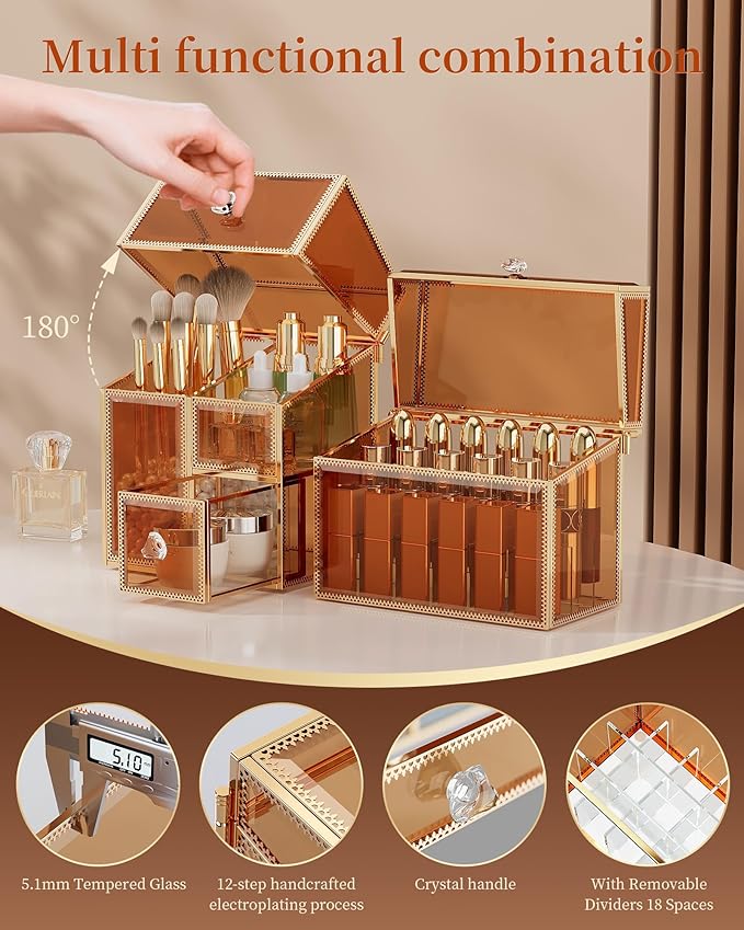 CoralHouse Makeup Organizer Countertop Set – Vanity Holder with 18-Slot Lipstick Organizer & Covered Makeup Brush Holder – Skincare, Perfume & Cosmetic Display for Bathroom or Dresser