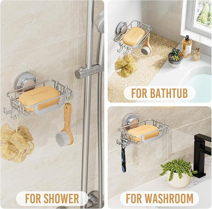 LEVERLOC Soap Holder Shower with Hooks, Bar Suction Cup Soap Dish Tray for Wall, Rust-Proof Stainless Steel Sponge Caddy for Bathroom Accessories Organizer Bathtub Kitchen Sink, Silver