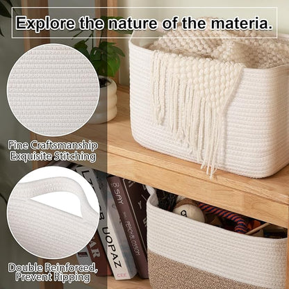 OIAHOMY Woven Storage Basket for Shelves, Rectangle Cotton Rope Baskets for Organizing, 13 x 10 x 9 in, Storage Bins for Dog Toys,Towel,Books,Gift, White