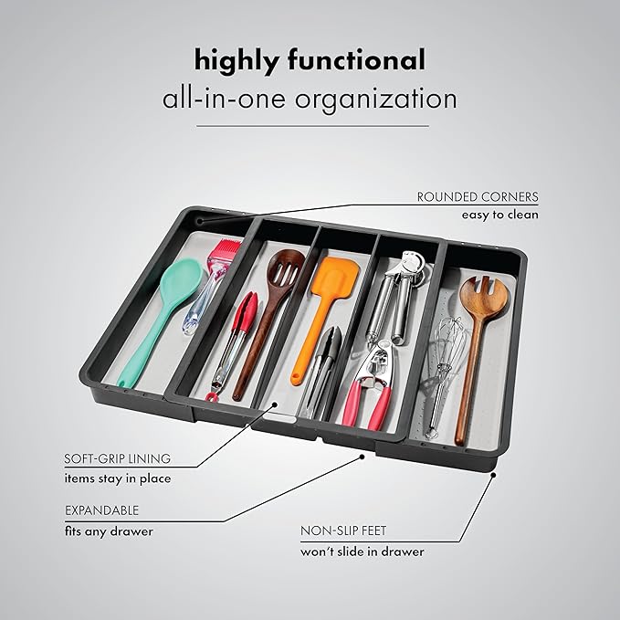 madesmart Expandable Utensil Tray, 8 Compartment Organizer for Forks, Knives & Spoons, Deep Storage for Ladles, Whisks & Serving Tools Non Slip, Soft Grip Base, Expands to Fit Most Drawers, Carbon