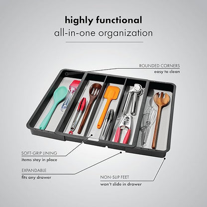 madesmart Expandable Utensil Tray, 8 Compartment Organizer for Forks, Knives & Spoons, Deep Storage for Ladles, Whisks & Serving Tools Non Slip, Soft Grip Base, Expands to Fit Most Drawers, Carbon