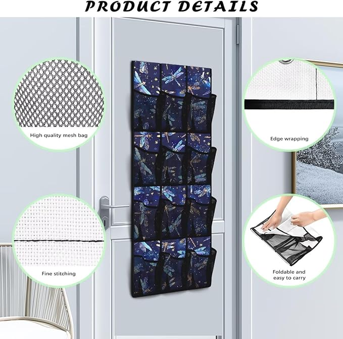 Dragonflies Over The Door Shoe Organizer Mesh Pockets Door Hanging Shoe Organizer for Dorm Room 12 Pockets Wall Hanging Storage