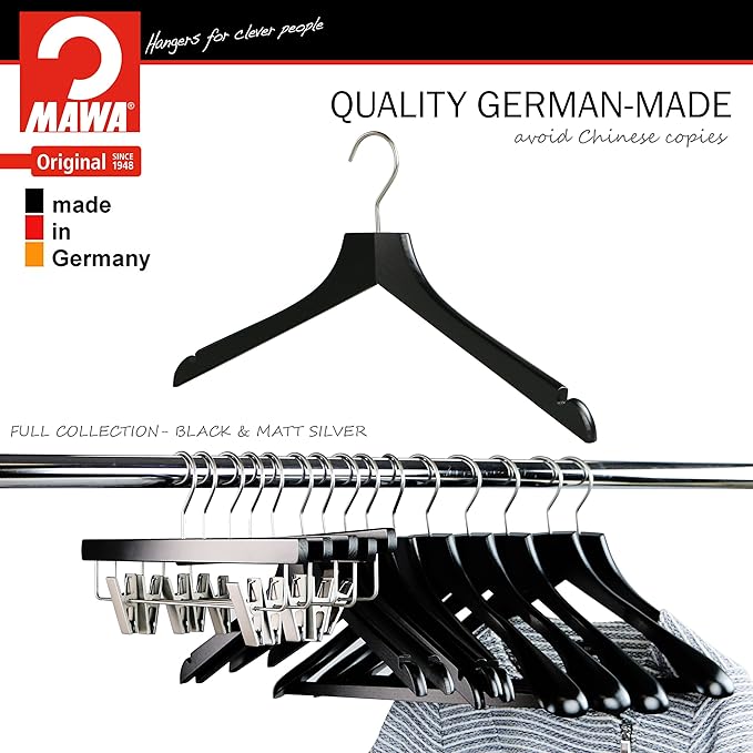 MAWA by Reston Lloyd, European Wooden Hanger, Beech Wood Straight Hanger with Shoulder Notches, Rotating Chrome Hook, Black Finish, for Shirts, Blazers, Dress Clothes Hanger, Set of 5 (26115)
