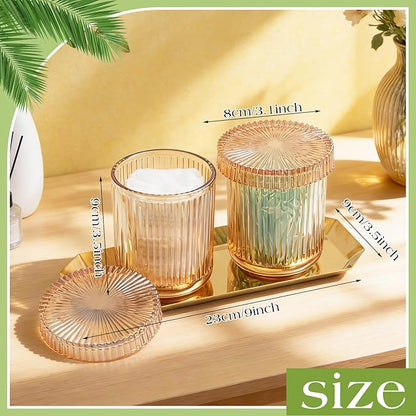 2 Pcs Crystal Glass Candy Jars Set with Lids and Stainless Steel Vanity Tray, Q tip Holder, Apothecary Jars, Glass Bathroom Accessories Organizer, Esthetic Modern Bathroom Decor(Amber)
