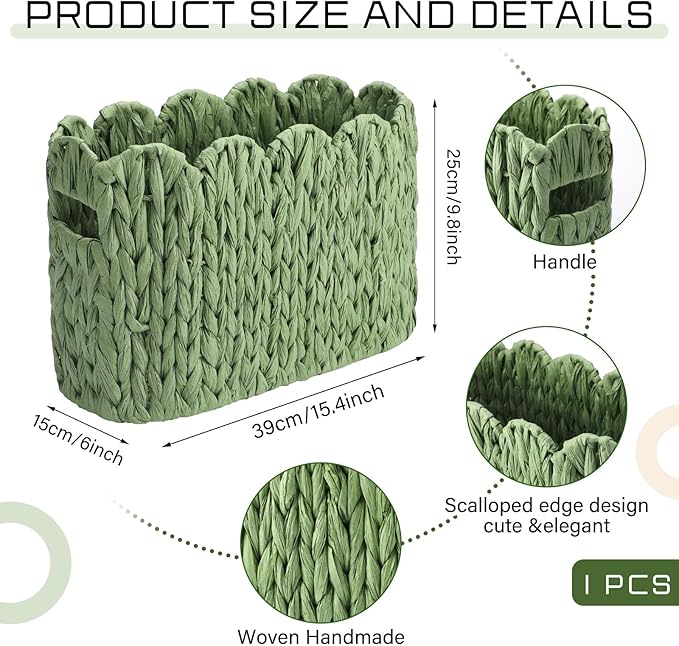 Kathfly Sage Green Toilet Paper Storage Basket Scalloped Wicker Woven Bathroom Basket Toilet Paper Holder Holds up to 6 Mega Rolls Woven Organizer for Home Bathroom Kitchen Offices