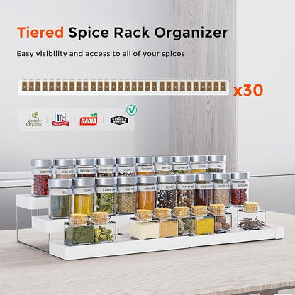 Expandable Spice Rack Organizer for Cabinet - 3 Tier Adjustable Cabinet Spice Organizer Easy Visibility - Spice Organizer for Cabinet Countertop Cupboard Pantry Organization (White)