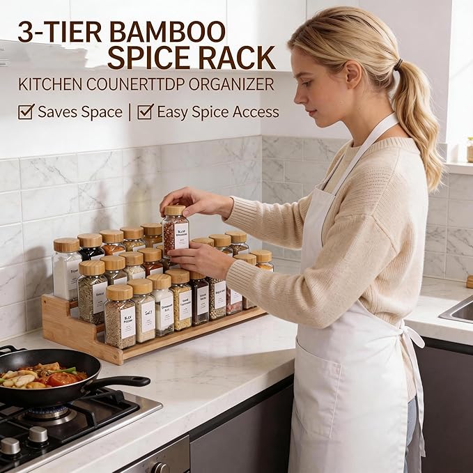 Bamboo Spice Rack，3-Tier Spice Rack Organizer for Cabinet or Pantry (Bamboo, L)