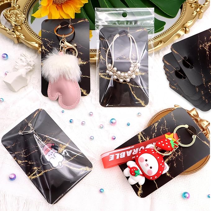 ZYNERY 100 PCS Display Cards With Self-Sealing Bags, 3 x 4.7 Inch Stand Card, Packaging Supplies for Displaying Keychains and Jewelry (Marble Black)