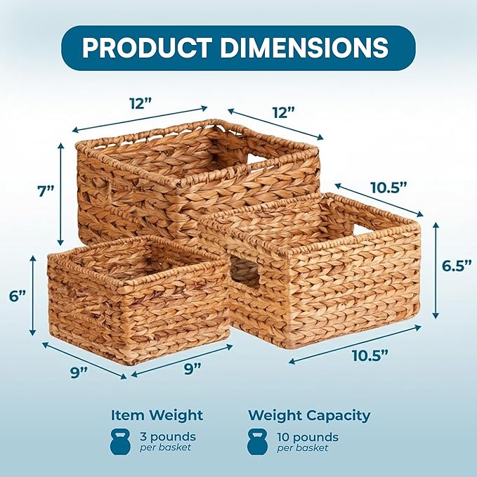 Honey-Can-Do Banana Leaf Storage Baskets –Water Hyacinth Woven Basket,Decorative Baskets for Shelves,Basket for Gifts,Closet,Pantry,and Home Organization,Set of 3,Multi-Size,(Pack of 3)