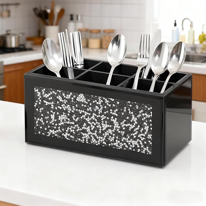 SHYFOY Silverware Holder, Kitchen Utensil Caddy with 6 Compartments, Cutlery Storage Organizer Countertop, Flatware Organizer for Party, Spoon, Fork Holder, Black