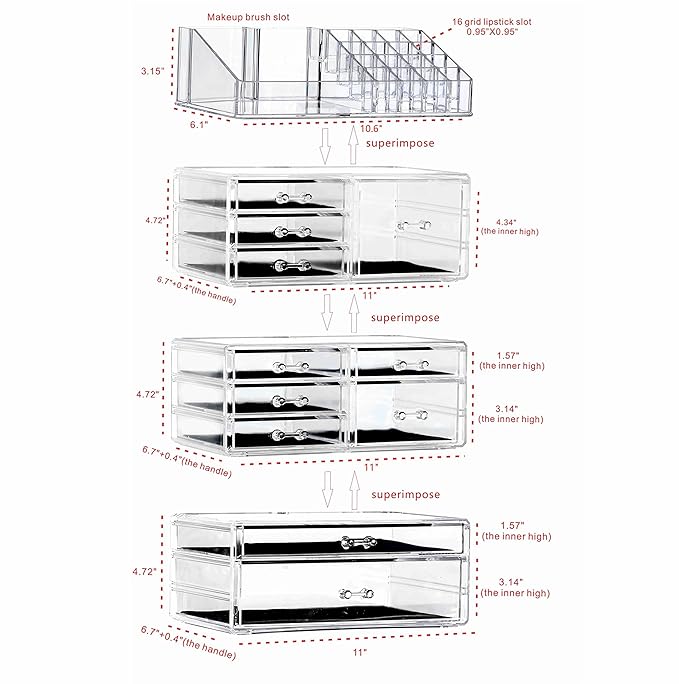 Cq acrylic Clear Makeup Storage Organizer Drawers Skin Care Large Cosmetic Display Cases Stackable Storage Box With 11 Drawers For Dresser 1 Pack