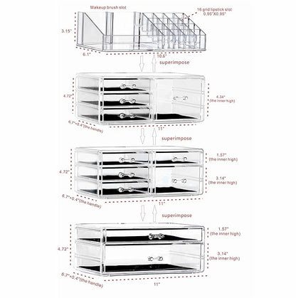 Cq acrylic Clear Makeup Storage Organizer Drawers Skin Care Large Cosmetic Display Cases Stackable Storage Box With 11 Drawers For Dresser 1 Pack