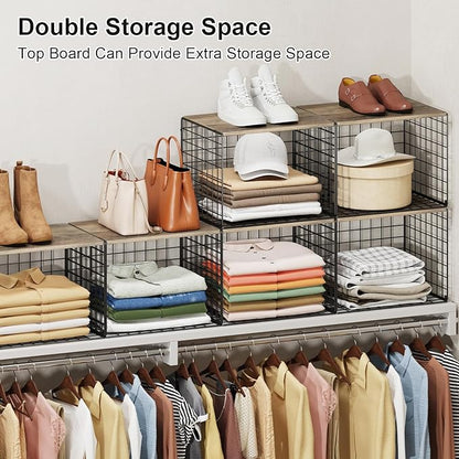 4PCS Wider Closet Organizers and Storage, Stackable Closet Shelf Organizer Storage Bins with Wood Top for Sweaters Jeans, Clothes Organizer Shelves for Wardrobe System Rack, Space-Saving,Sturdy Metal