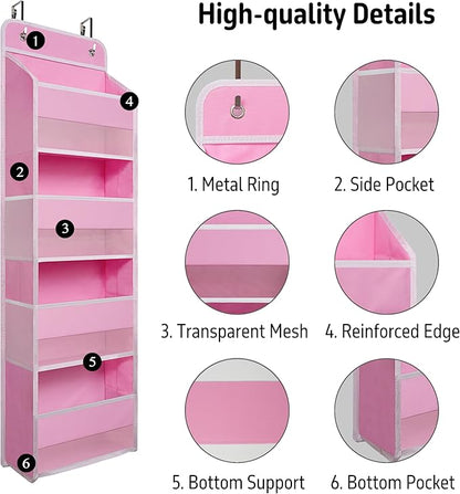 TYMENSH Over The Door Hanging Organizer with 4 Large Pockets – Closet, Bathroom, Nursery, Bedroom, Dorm Storage for Toys, Cosmetics, and Baby Essentials, Pink