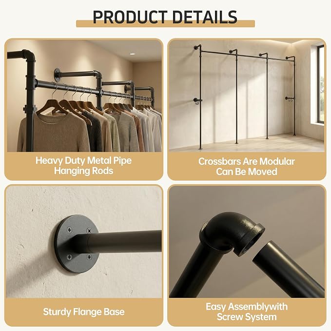 Kryonix Heavy Duty Wall Mounted Closet System, Industrial Pipe Clothing Rack with 6 Hanging Rods, 960LBS Capacity, Space Saving Garment Rack for Walk in Closet Bedroom, Black