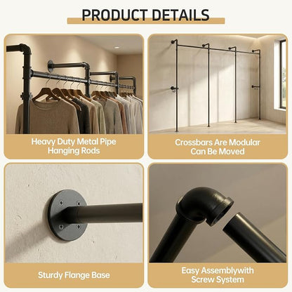 Kryonix Heavy Duty Wall Mounted Closet System, Industrial Pipe Clothing Rack with 6 Hanging Rods, 960LBS Capacity, Space Saving Garment Rack for Walk in Closet Bedroom, Black