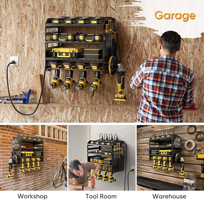 POKIPO Power Tool Organizer Wall Mount with Charging Station,Tool Storage Rack with 8 Outlet Power Strip,Heavy Duty Metal Battery Utility Rack with 4 Cordless Drill Holder 6.56 Ft Cord for Garage