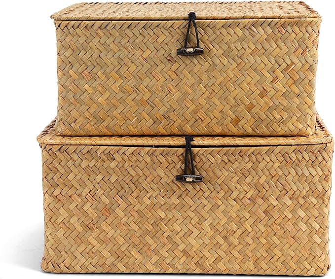 Nonam Storage Basket with Lid, Natural Seagrass Bin with Lid Set of 2, Shelf Baskets Multipurpose Container for Boho Decoration, Rectangular Household Storage Boxes for Home Organization-Natural