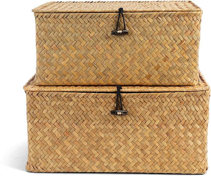 Nonam Storage Basket with Lid, Natural Seagrass Bin with Lid Set of 2, Shelf Baskets Multipurpose Container for Boho Decoration, Rectangular Household Storage Boxes for Home Organization-Natural