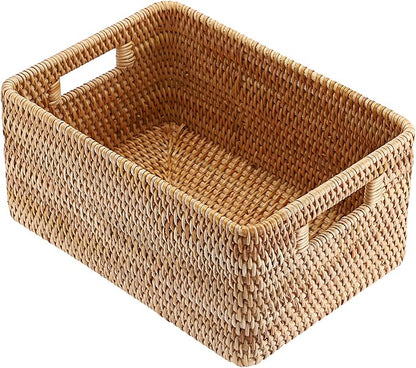 Hipiwe Handwoven Wicker Basket for Organizing Natural Rattan Basket with Handles Rectangular Closet Organizer Bin Multipurpose Storage Box, 13.8" x 9.8" x 6.3"