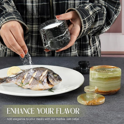 Marble Salt Cellar 3" Inch Black Zebra & Green Onyx Celtic Salt & Pepper Bowls with Lid For Spring Decorations for Home & Kitchen, Perfect Mother’s Day Gift, Sugar Dish & Coffee Storage Container