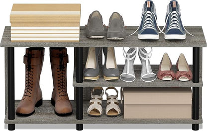 Furinno Turn-N-Tube Compact Multi Storage Shoe Rack, 35.2"W 3-Tier, French Oak Grey/Black