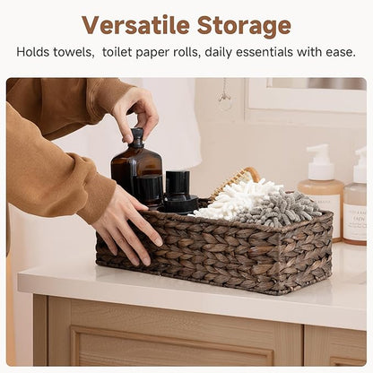 StorageWorks Brown Water Hyacinth Bathroom Basket Organizer and Storage for Tank Topper, Wicker Toilet Paper Basket for Back of Toilet Baskets, Small Narrow Tank Trays for Bathroom Decor, 2 Pack